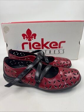 Rieker Red Leather Mary Jane Flats Black Cross Straps Size 38 New In Box